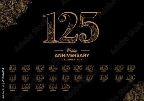Happy anniversary celebration icon logo with gold flower on black background 101, 102, 103, 104, 105, 106, 107, 108, 109, 110, 111, 112, 113, 114, 115, 116, 117, 118, 119, 120, 121, 122, 123, 124, 125