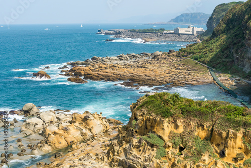 The landscape of the coastal rock and Arabao Bay at Heping Island Park in Keelung City, Taiwan.