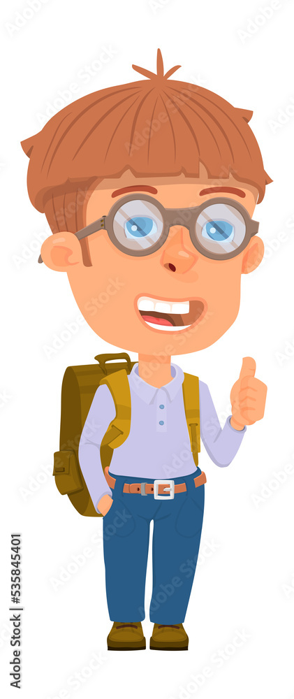School boy. Walking kid with backpack. Cartoon smart child School boy. Walking kid with backpack. Cartoon smart child
