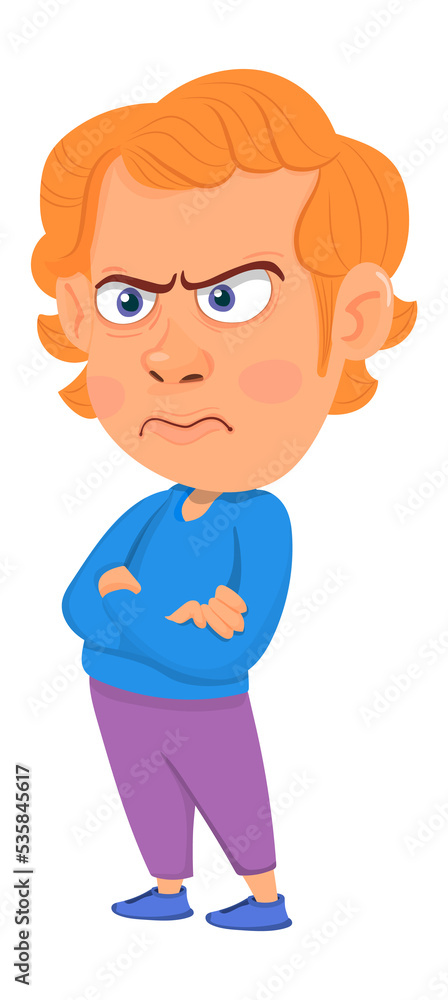 Angry man crossed arms. Red hair cartoon character.