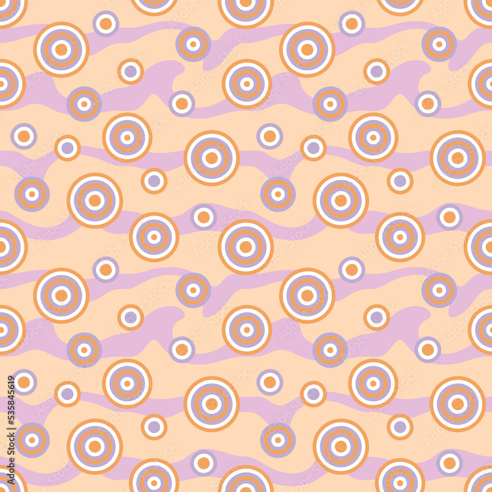 Wavy swirl 1970s style seamless pattern in pink colors. Trendy psychedelic texture for T-shirt, textile, paper, fabric. Groovy geometric background for decor and design.
