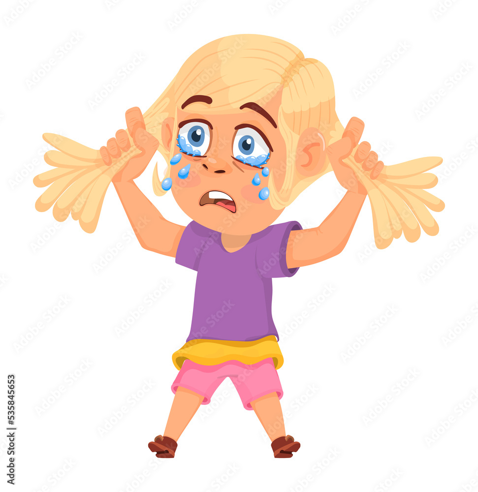 Crying girl. Child weep and shed tears. Cartoon sad kid Stock