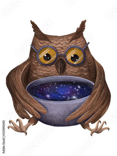 Owl with bowl filled with galaxy. Raster hand drawn illustration
