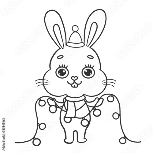 rabbit with the lights coloring page. On transparent backgound and printable with high quality. 