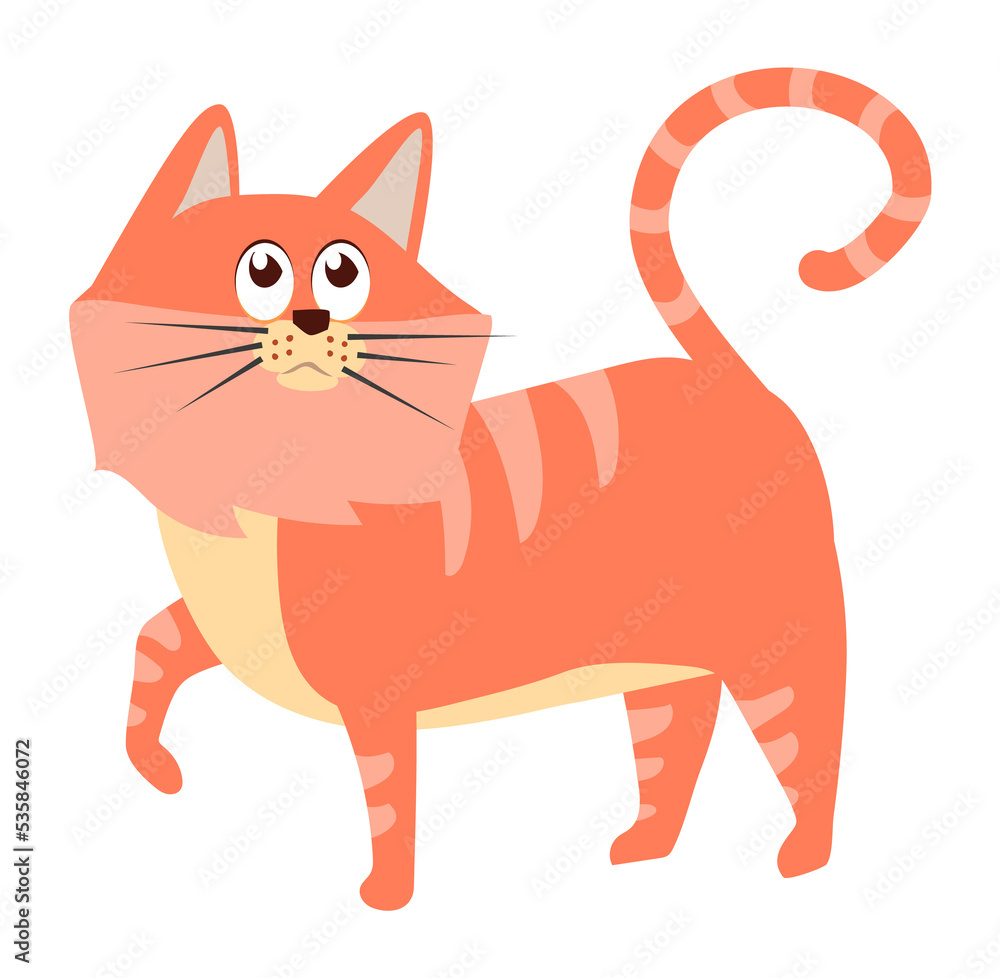 Striped red cat. Walking fluffy animal in cartoon style Striped red cat. Walking fluffy animal in cartoon style
