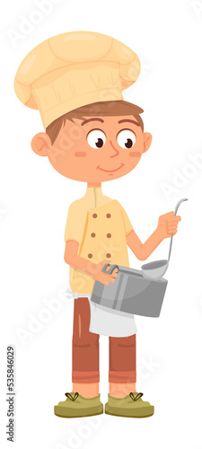 Chef kid serving soup. Boy holding ladle and cooking pot