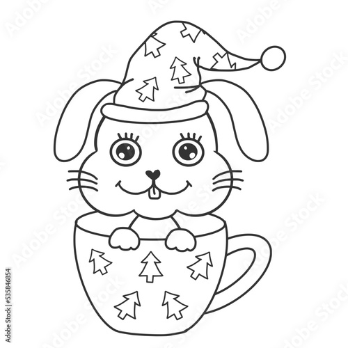 rabbit in the Christmas cup. Coloring page with transparent backgound, Printable with high quality.