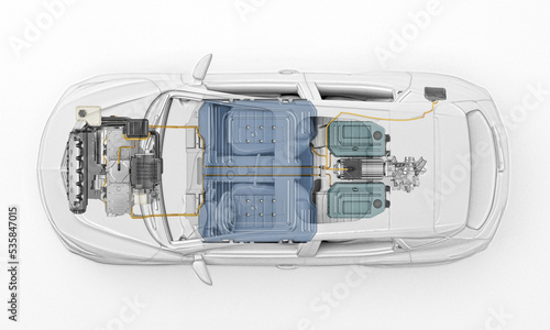 Electric car technical cutaway 3d rendering. Top view.