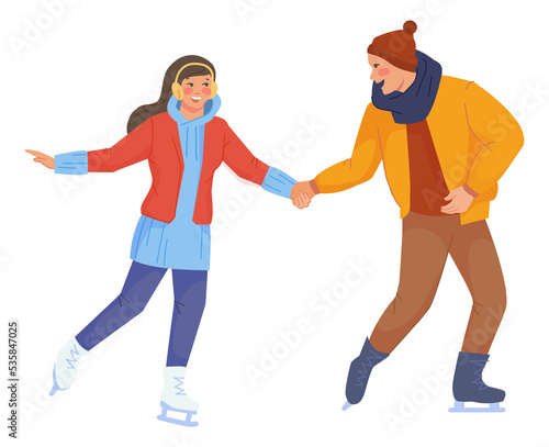 Young man and woman skating. Winter ice activity
