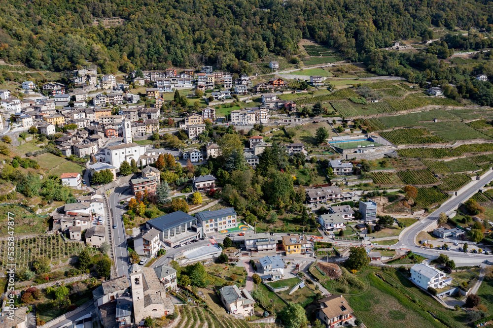 aerial view of the village of Castione Andevenno in Valtellina, Italy