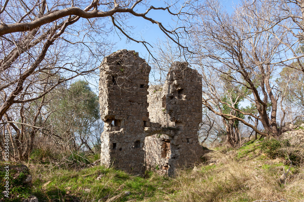 Ruderi di antico borgo medievale, mura di antico monastero nel bosco tra gli alberi spogli Ruderi di antico borgo medievale, mura di antico monastero nel bosco tra gli alberi spogli
