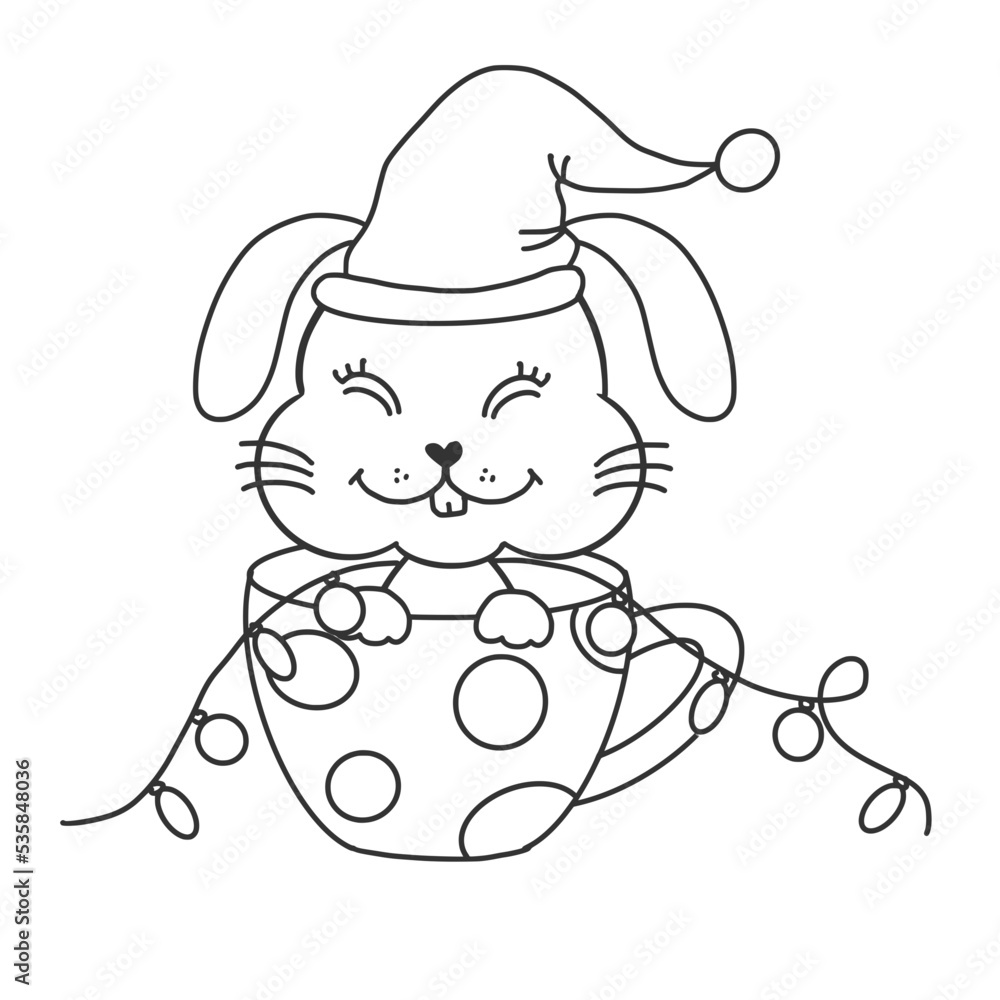 Bunny in the cup coloring page, on transparent backgound. Stock Vector