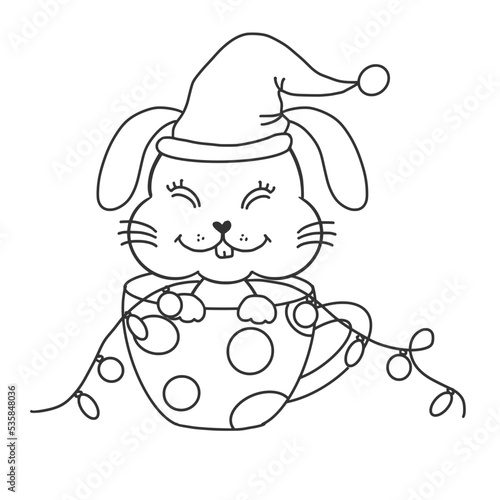 Bunny in the cup coloring page, on transparent backgound.