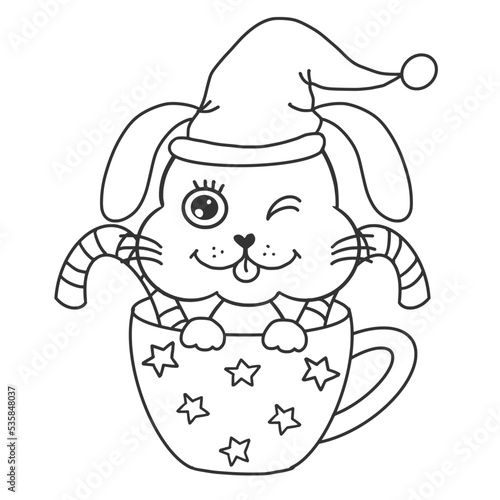 ฺSanta bunny in the stars cup coloring page. On transparent backgound. Printable with high quality.