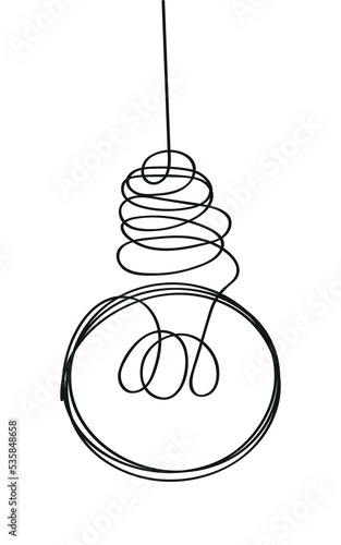 Light bulb vector in line, dodle style. Brainstorming vector concept. Lightbulb with line curve.