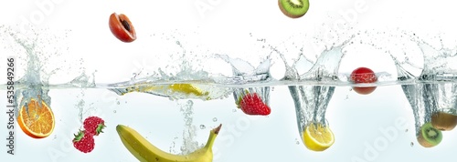 Various fruits splashing in water.