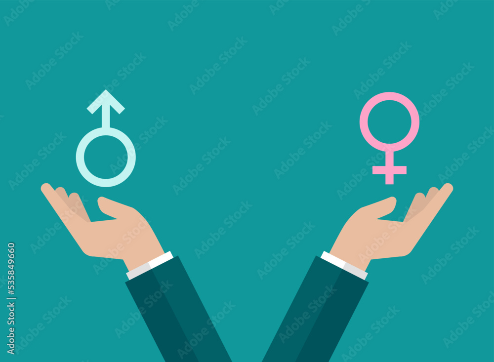 custom made wallpaper toronto digitalGender and sexual equality concept. Businessman hands hold male and female sex symbols. Balance between man and woman. Fair comparison concept.
