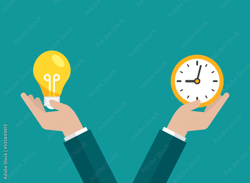Businessman hands holds clock and light bulb. Idea time value, solution and expenses balance. Justice, law scale. Vector illustration on blue background. Businessman hands holds clock and light bulb. Idea time value, solution and expenses balance. Justice, law scale. Vector illustration on blue background.