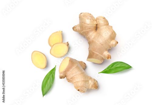 Bild auf Leinwand Flat lay of Fresh ginger rhizome with slices  isolated on white background