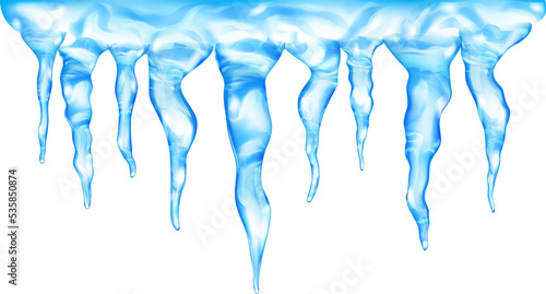 Group of light blue realistic icicles of different lengths, connected at the top