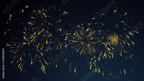Festive fireworks show, firecrackers in the night sky. Happy celebration, joy and fun atmosphere. New Year's Eve. Creative Christmas background. 3d rendering