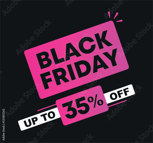 35% off. Vector illustration Black Friday for sales. Price discount ad. Campaign for stores, retail. For social media, poster.