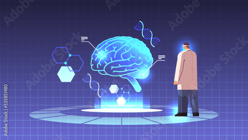 doctor in digital glasses looking at virtual detailed explanation anatomical brain internal organ vr vision metaverse
