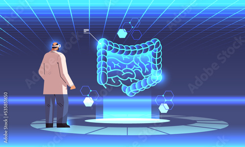 doctor in digital glasses looking at virtual detailed explanation anatomical digestive system internal organ vr vision