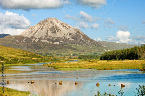 From Gweedore to white quartzite scree slopes of Errigal, County Donegal, Ireland. Lough Nacung and River Clady in foreground. photo