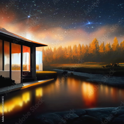 starry night sky moonlight resort swim pool and sea water reflection neon light modern cabin in forest nature landscape vacation travel background template copy space sea