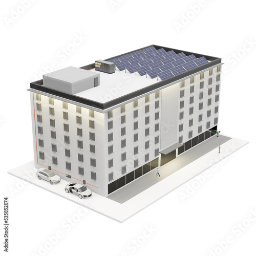 Apartment house roof with solar panels electric car charger in building smart home solar house 3d illustration