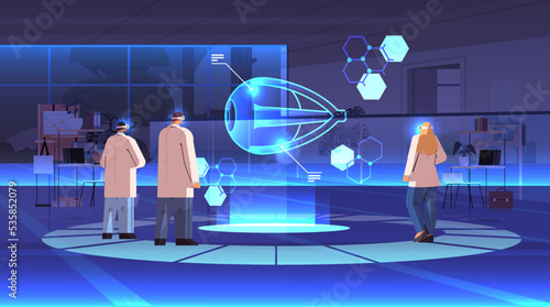doctors in digital glasses looking at virtual detailed explanation anatomical eye internal organ vr vision metaverse