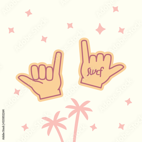 Shaka Hand Gesture Surfing Design, Positive and Chill Vibes, Beach and Surf Illustration.  photo