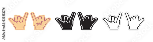 Shaka Surf Foam Fan Finger Template Set. Surfing Fan Gesture, Outline Symbol in Different Colors, Vector EPS With Editable Stroke. Design For Music Festivals, Menus, Surf Camps, T Shirts and More.  photo