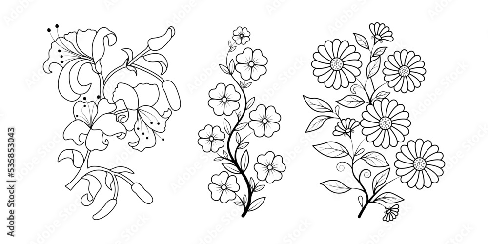 Set of floral line art hand drawn simple flower coloring pages for kids ...