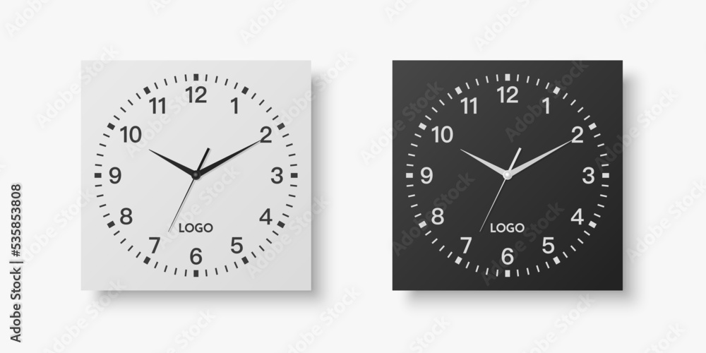 Vector 3d Realistic White, Black Square Wall Office Clock Set, Design Template Isolated on White. Dial with Roman Numerals. Mock-up of Wall Clock for Branding and Advertise Isolated. Clock Face Design Vector 3d Realistic White, Black Square Wall Office Clock Set, Design Template Isolated on White. Dial with Roman Numerals. Mock-up of Wall Clock for Branding and Advertise Isolated. Clock Face Design