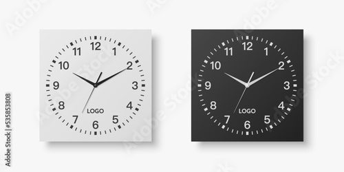 Free Download Vector 3d Realistic White, Black Square Wall Office Clock Set, Design Template Isolated on White. Dial with Roman Numerals. Mock-up of Wall Clock for Branding and Advertise Isolated. Clock Face Design - GFXLoad