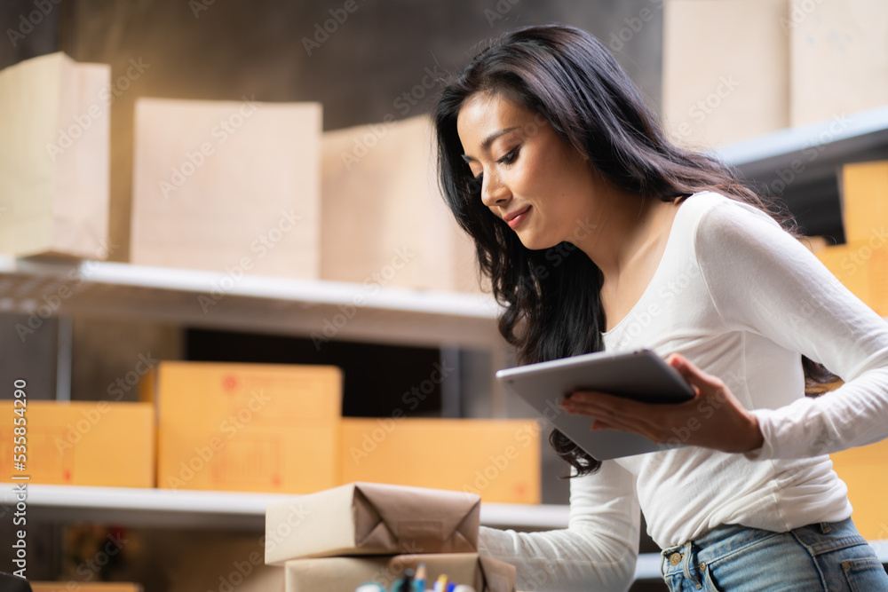 Delivery business female with laptop and using smartphone in the warehouse Delivery business female with laptop and using smartphone in the warehouse