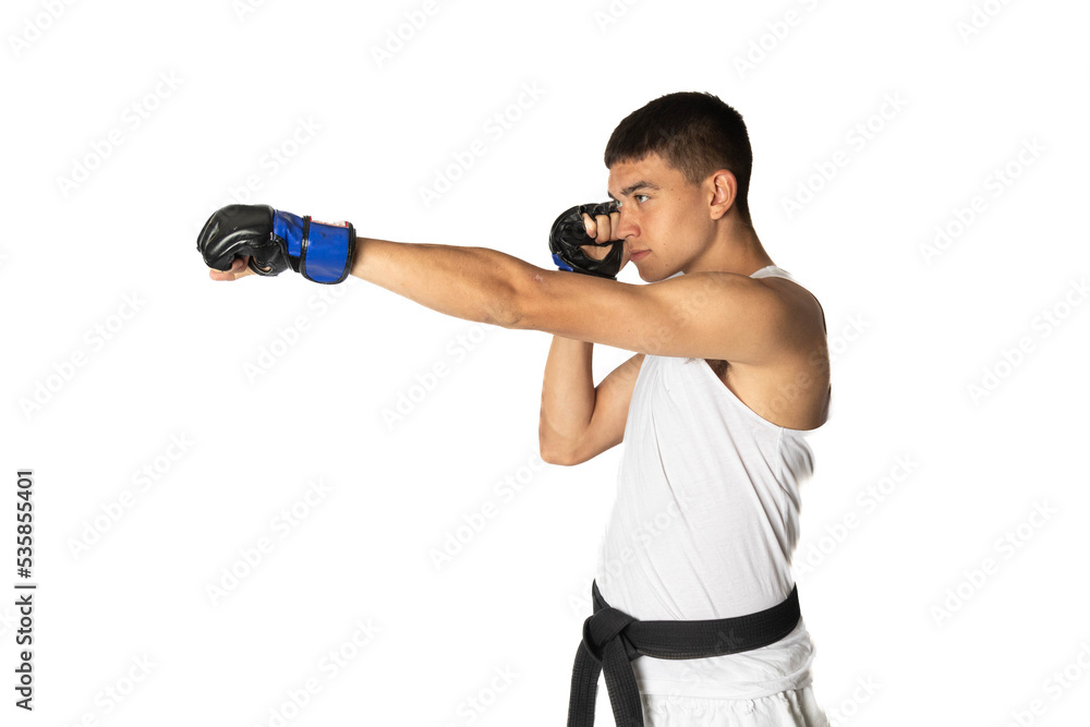 A black belt teenage boy punching head level