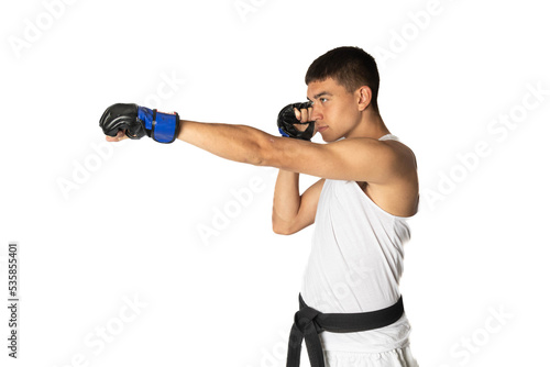 A black belt teenage boy punching head level