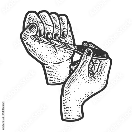 Female hands do manicure sawing nails file sketch engraving vector illustration. Scratch board imitation. Black and white hand drawn image.