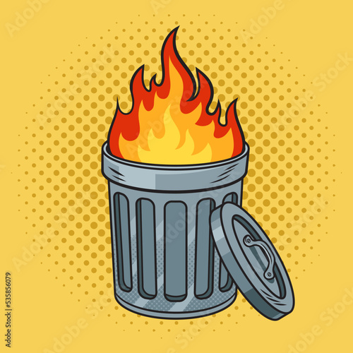 fire in trash can barrel pinup pop art retro vector illustration. Comic book style imitation.