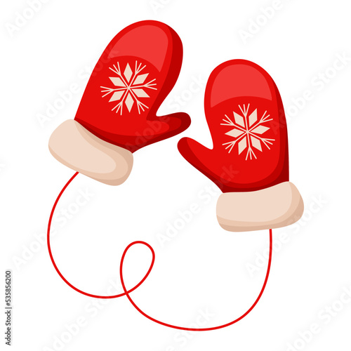 A pair of New Year's festive red mittens with a snowflake. Mittens isolated on white background. Red mittens. Winter element of clothing.