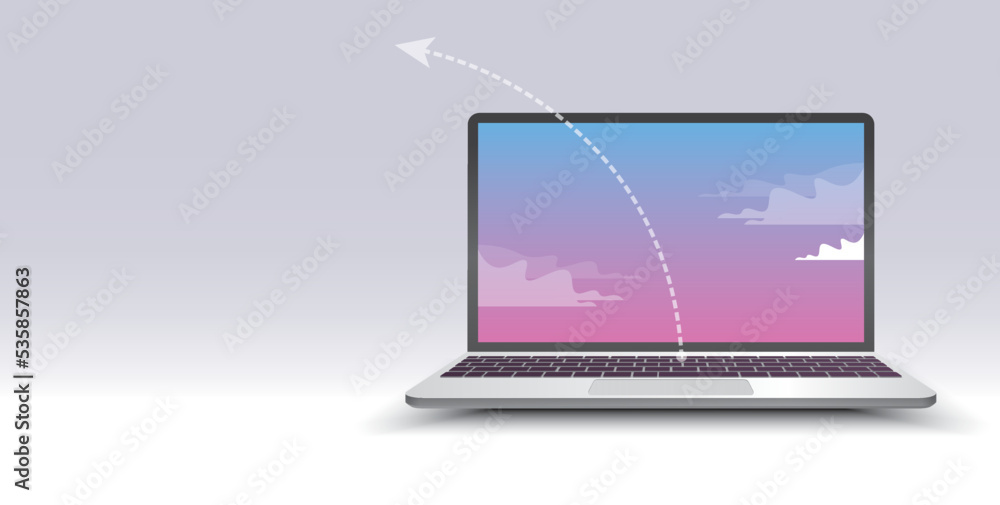 laptop with sky and clouds on its screen, standing on a grey backdrop with copy space, web banner concept, ads template. 3d vector ilustration laptop with sky and clouds on its screen, standing on a grey backdrop with copy space, web banner concept, ads template. 3d vector ilustration