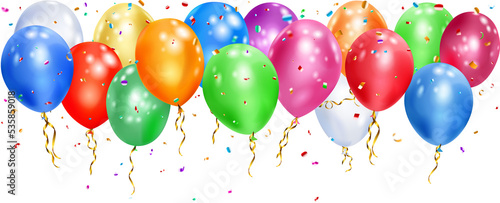 Canvas Print Group of colorful balloons with ribbons and shiny pieces of serpentine