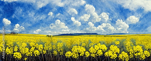 yellow rapeseed field against blue sky nature, background, banner, landscape