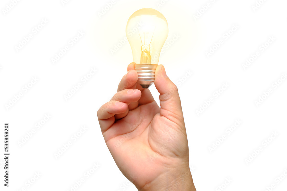 Burning incandescent lamp in his hand white background.Concept idea and energy. Burning incandescent lamp in his hand white background.Concept idea and energy.