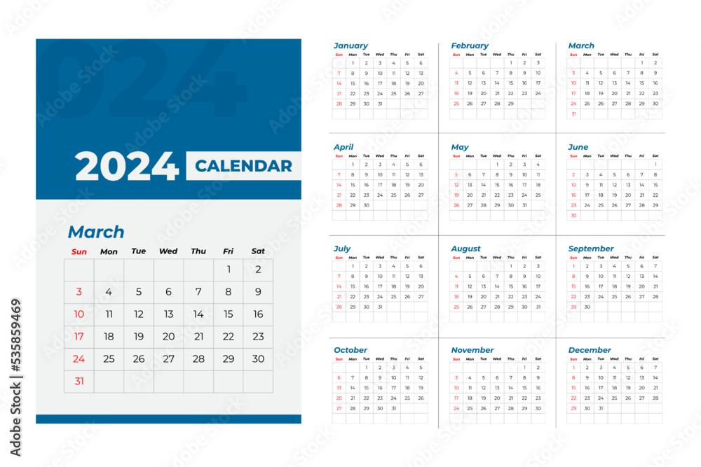 2024 Calendar Template, editable vector 2024 Calendar Template, editable vector