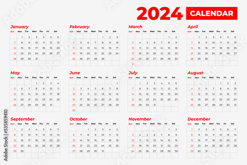 2024 Calendar Template, editable vector