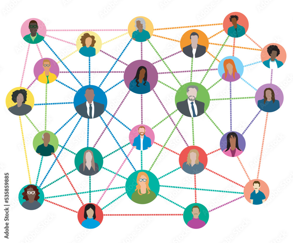 Abstract social network scheme that contains icons of people ethnically diverse and mixed age connected to each other. Vector illustration isolated on white background. Abstract social network scheme that contains icons of people ethnically diverse and mixed age connected to each other. Vector illustration isolated on white background.
